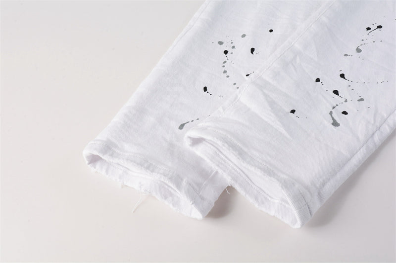 Purple Brand White Ink Splatter Knee Rip Slim Jeans 9021
