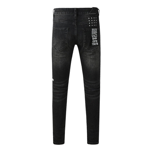 Ksubi Royalty Black Gold Gothic Script Knee Rip Denim Jeans 3052
