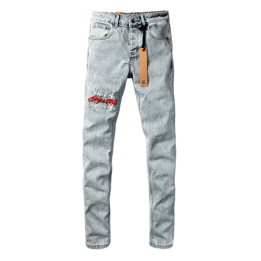 Ksubi Royalty Ice Blue Red Rose Embroidery Script Denim Jeans 3062