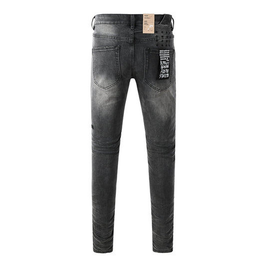 Ksubi Royalty Charcoal Grey Graffiti Script Dot Rivet Knee Rip Denim Jeans 3034