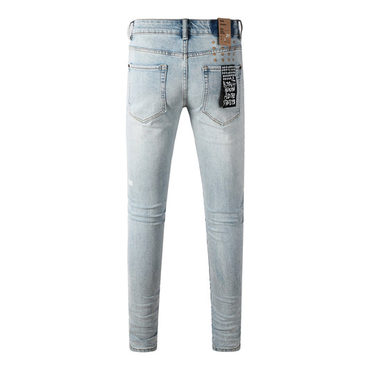 Ksubi Royalty Ice Blue Dual Knee Rip Gold Dot Rivet Denim Jeans 3031