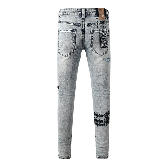 Ksubi Royalty Ice Blue Snowflake Super M Script Ripped Denim Jeans 3046