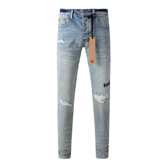 Ksubi Royalty Ice Blue Gold Fade Black Script Multi Rip Denim Jeans 3024