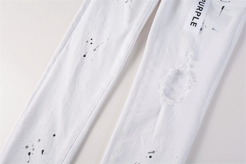 Purple Brand White Ink Splatter Knee Rip Slim Jeans 9021