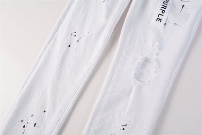 Purple Brand White Ink Splatter Knee Rip Slim Jeans 9021