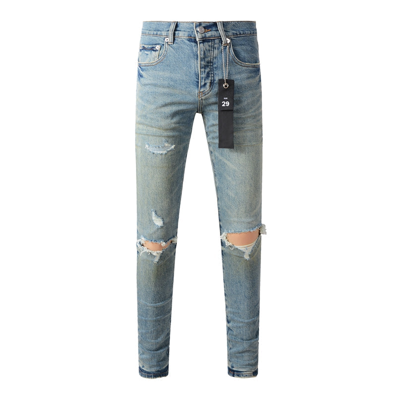 Purple Brand Knee Blowout Leather Patch Slim Jeans 9076
