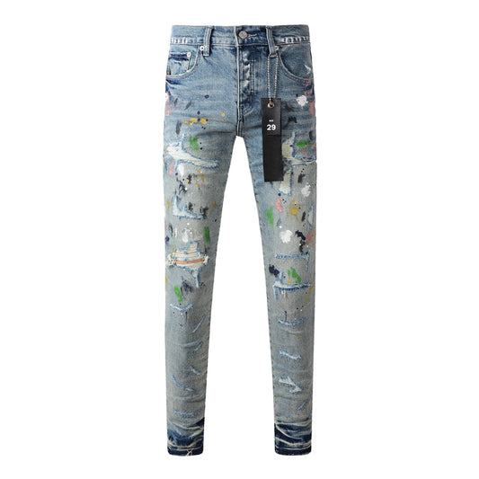 Purple Brand Multi-Color Paint Splatter Rip Slim Jeans 9072