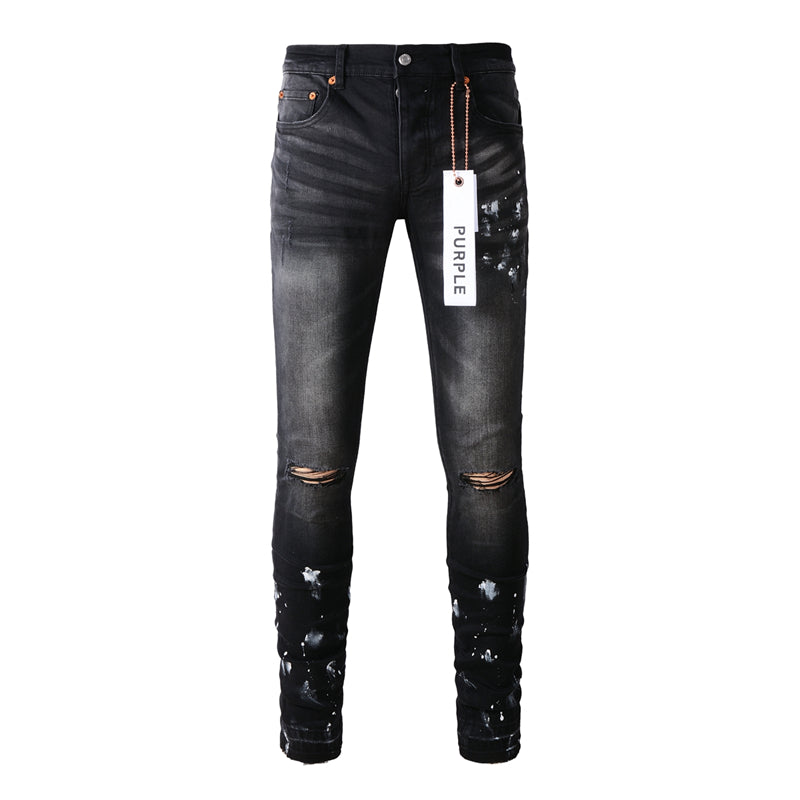 Purple Brand Black Grey Knee Rip Silver Paint Slim Jeans 9002