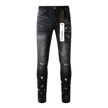 Purple Brand Black Grey Knee Rip Silver Paint Slim Jeans 9002