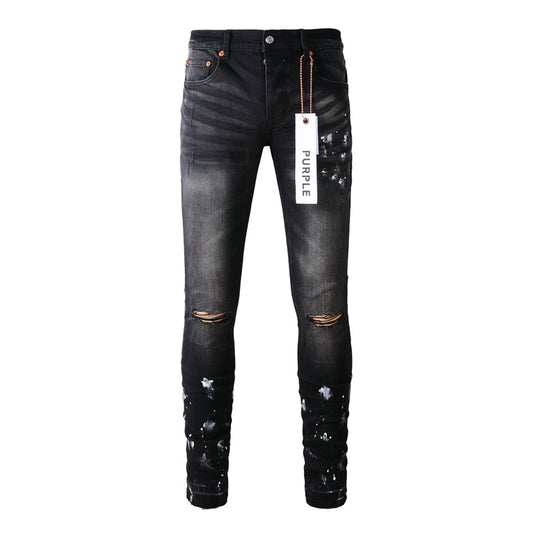 Purple Brand Black Grey Knee Rip Silver Paint Slim Jeans 9002