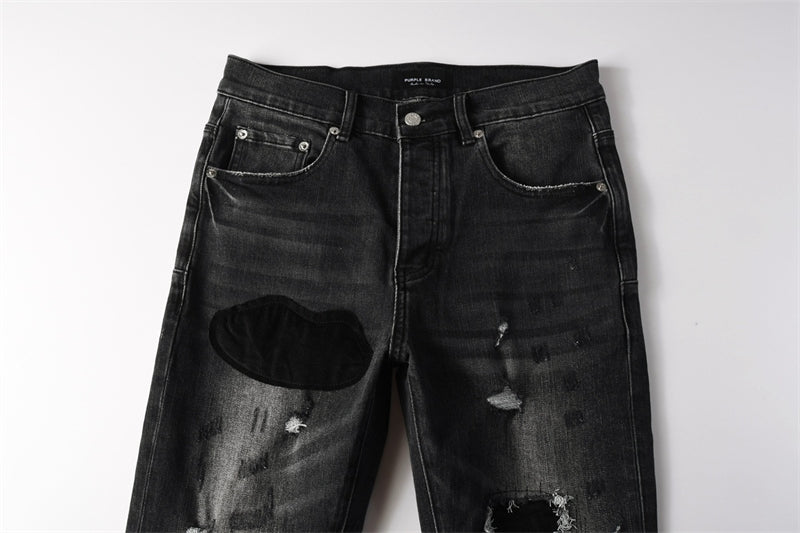 Purple Brand Black Gray Multi-Patch Ripped Jeans 9135
