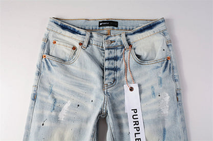 Purple Brand Ice Blue Knee Rip Paint Brush Slim Jeans 9006