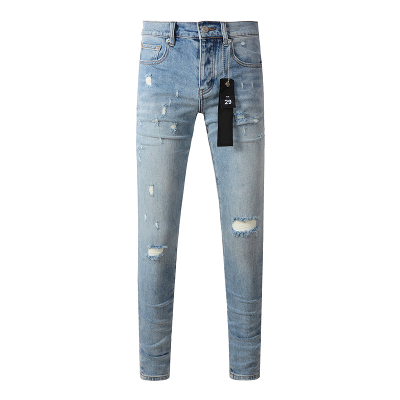 Purple Brand Scattered Rip Leather Patch Slim Jeans 9075