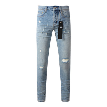 Purple Brand Scattered Rip Leather Patch Slim Jeans 9075