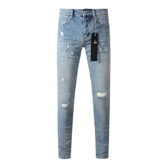 Purple Brand Scattered Rip Leather Patch Slim Jeans 9075