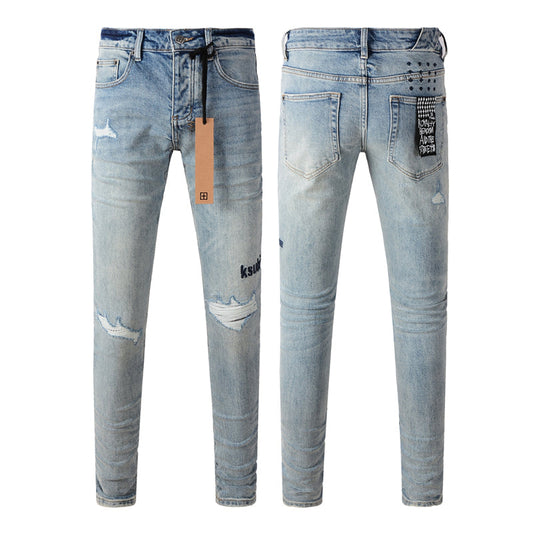 Ksubi Royalty Ice Blue Gold Fade Black Script Multi Rip Denim Jeans 3024