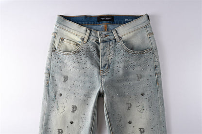 Purple Brand Rhinestone P Logo Slim Jeans 9127