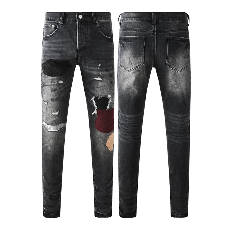 Purple Brand Black Gray Multi-Patch Ripped Jeans 9135