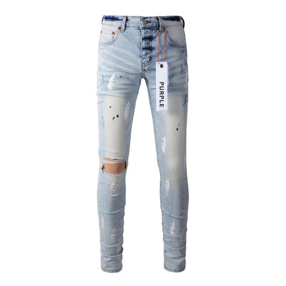 Purple Brand Ice Blue Knee Rip Paint Brush Slim Jeans 9006
