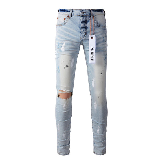 Purple Brand Ice Blue Knee Rip Paint Brush Slim Jeans 9006