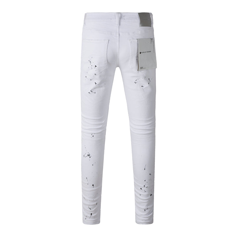 Purple Brand White Ink Splatter Knee Rip Slim Jeans 9021