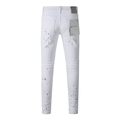 Purple Brand White Ink Splatter Knee Rip Slim Jeans 9021