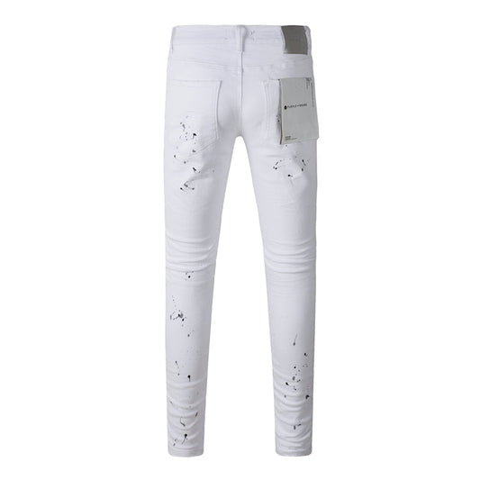 Purple Brand White Ink Splatter Knee Rip Slim Jeans 9021
