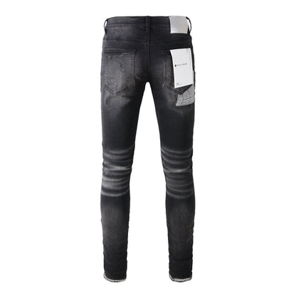 Purple Brand Black Waxed Metallic Paint-Fill Rip Slim Jeans 9001