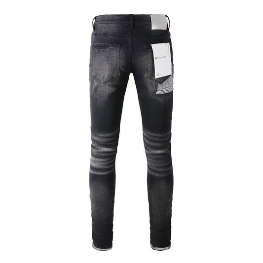 Purple Brand Black Waxed Metallic Paint-Fill Rip Slim Jeans 9001