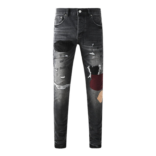 Purple Brand Black Gray Multi-Patch Ripped Jeans 9135