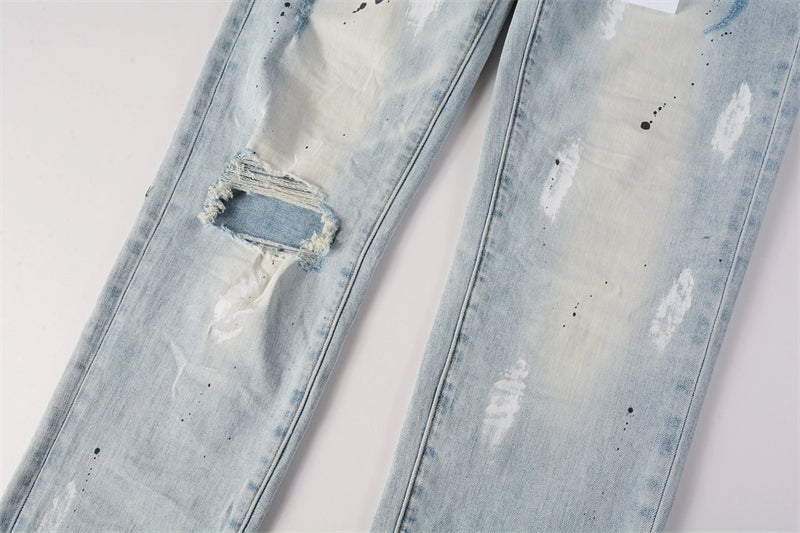 Purple Brand Ice Blue Knee Rip Paint Brush Slim Jeans 9006