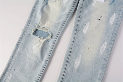 Purple Brand Ice Blue Knee Rip Paint Brush Slim Jeans 9006