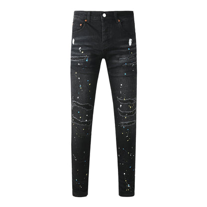 Purple Brand Paint Splatter Distressed Slim Jeans 9121