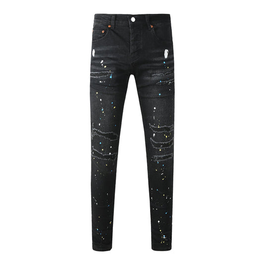 Purple Brand Paint Splatter Distressed Slim Jeans 9121