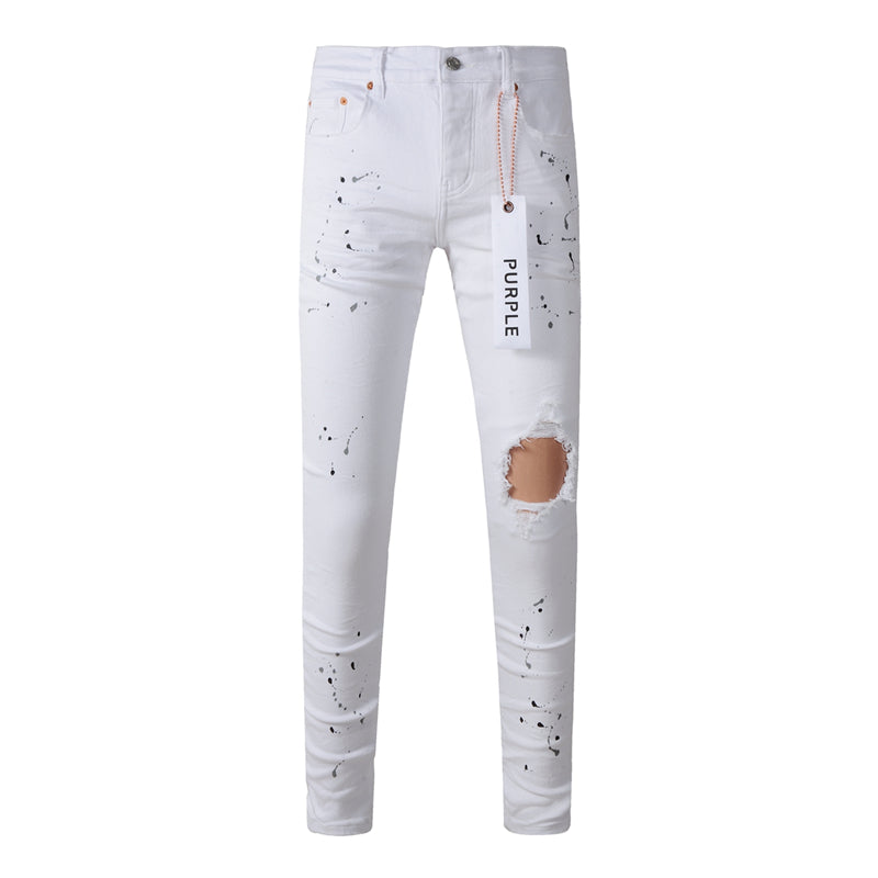 Purple Brand White Ink Splatter Knee Rip Slim Jeans 9021