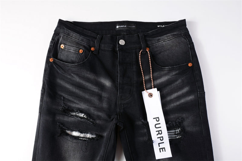 Purple Brand Black Waxed Metallic Paint-Fill Rip Slim Jeans 9001