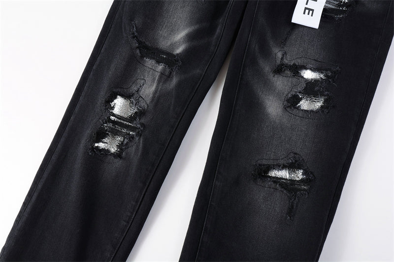 Purple Brand Black Waxed Metallic Paint-Fill Rip Slim Jeans 9001