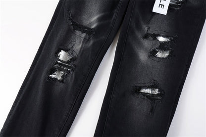 Purple Brand Black Waxed Metallic Paint-Fill Rip Slim Jeans 9001