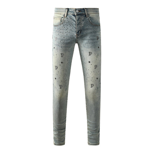 Purple Brand Rhinestone P Logo Slim Jeans 9127
