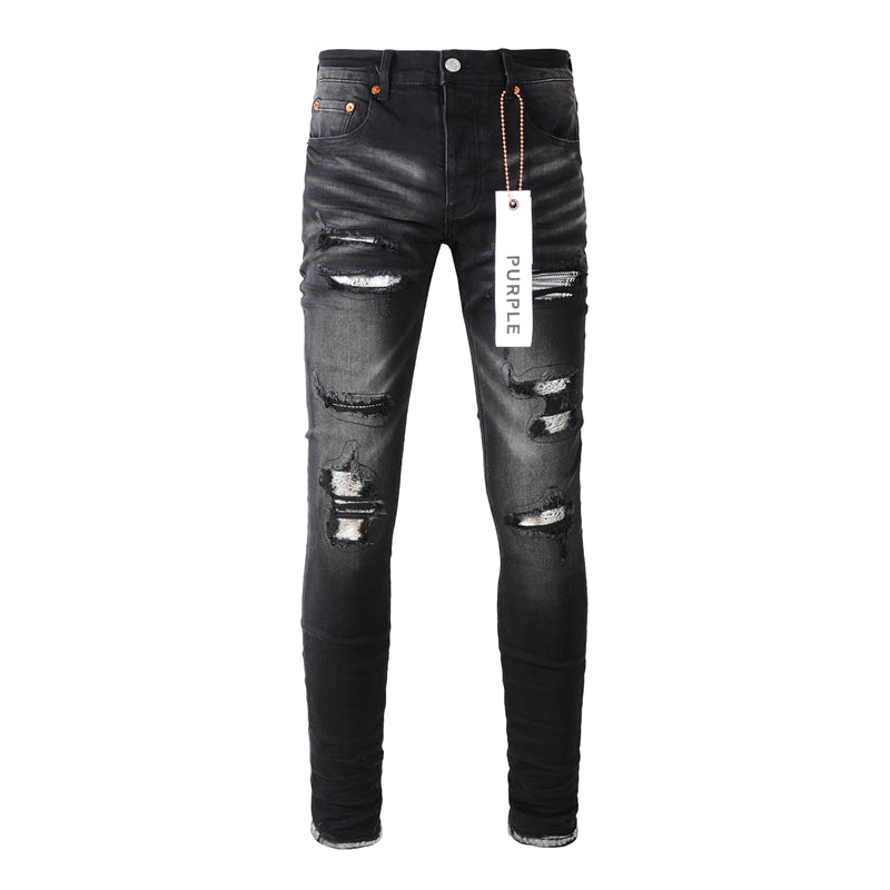 Purple Brand Black Waxed Metallic Paint-Fill Rip Slim Jeans 9001