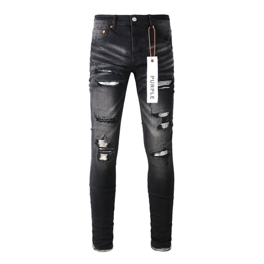 Purple Brand Black Waxed Metallic Paint-Fill Rip Slim Jeans 9001