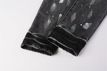 Purple Brand Paint Splatter Knee Rip Slim Jeans 9032
