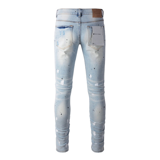 Purple Brand Ice Blue Knee Rip Paint Brush Slim Jeans 9006