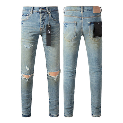 Purple Brand Knee Blowout Leather Patch Slim Jeans 9076
