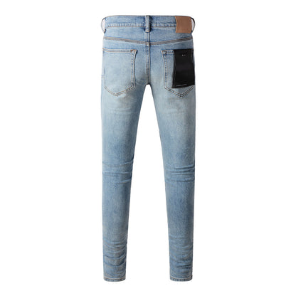 Purple Brand Scattered Rip Leather Patch Slim Jeans 9075