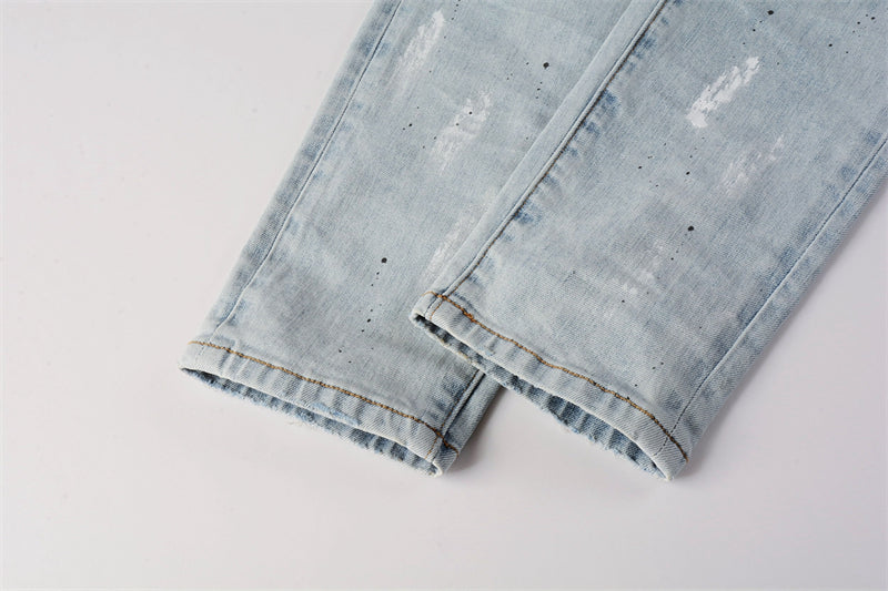 Purple Brand Ice Blue Knee Rip Paint Brush Slim Jeans 9006